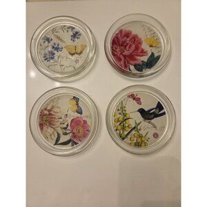 Fringe Studio Set Of 4 Round Glass‎ Coasters Flowers & Butterflies Felt Bottoms